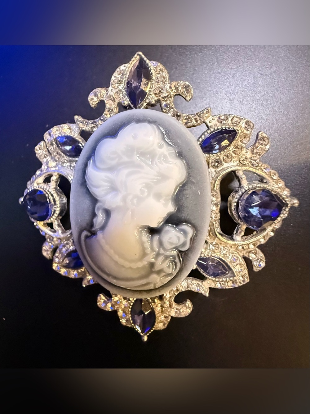 Vintage-Style Blue and White Cameo Brooch with Deep Blue Stones